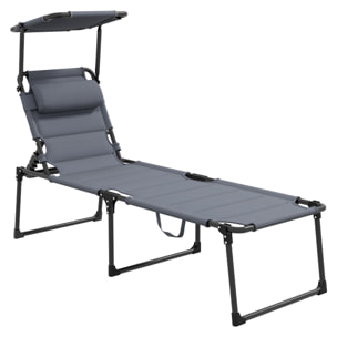 Tumbona Plegable Tumbona de Jardín con Toldo Ajustable Respaldo Regulable en 4 Niveles y Reposacabezas para Terraza Piscina 70x200x45 cm Gris