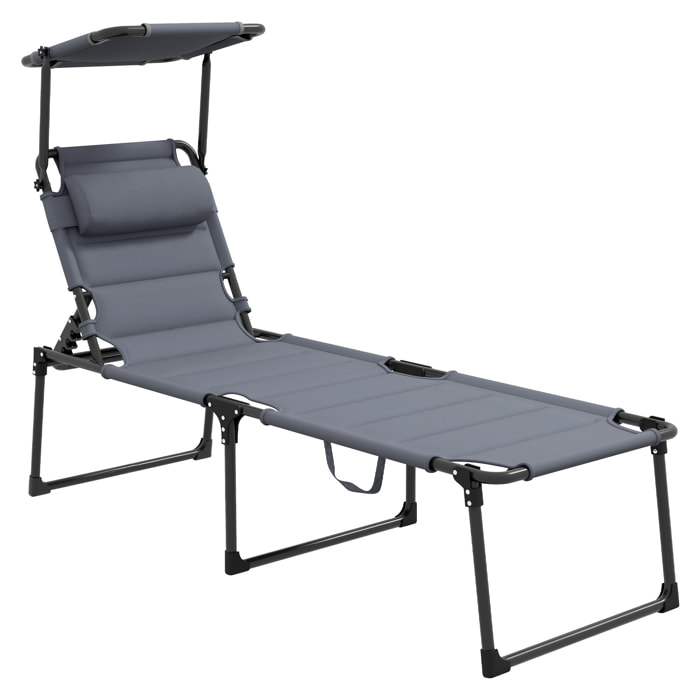 Tumbona Plegable Tumbona de Jardín con Toldo Ajustable Respaldo Regulable en 4 Niveles y Reposacabezas para Terraza Piscina 70x200x45 cm Gris