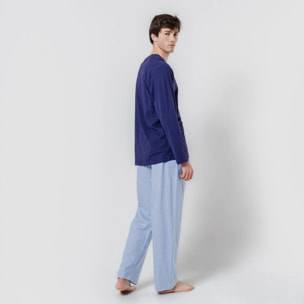 Pigiama lungo in cotone con righe blu navy