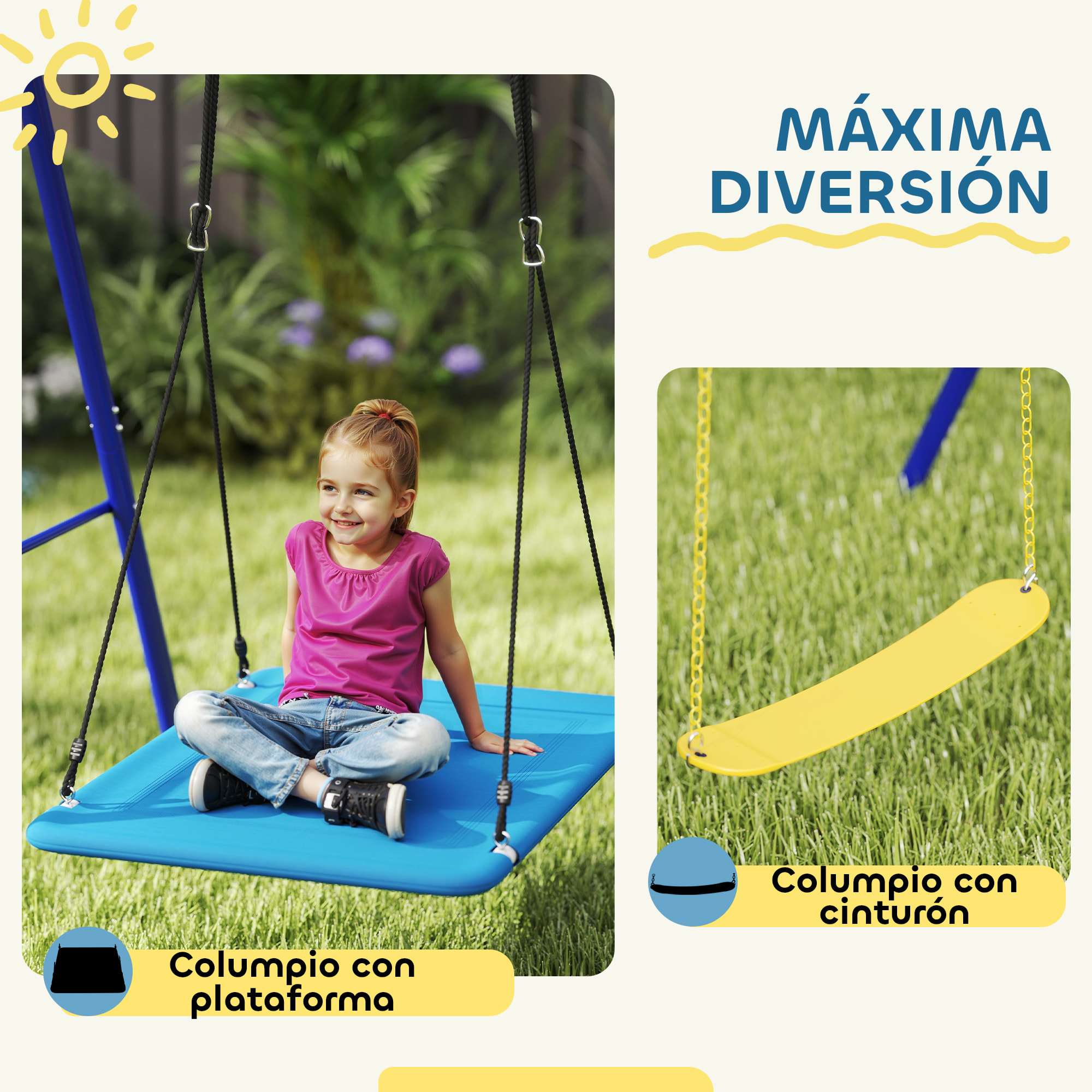 Columpios para Niños de +3 Años Columpios Jardín Exterior con 2 Columpios Simples y 1 Columpio Plataforma Carga 120 kg para Terraza Patio 365x180x184 cm Multicolor