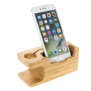 Soporte de madera para smartphone y iWatch, con organizador de cables.