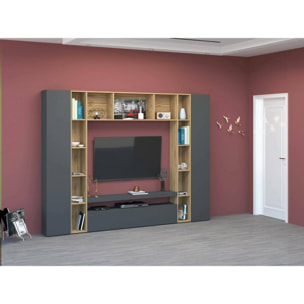 Parete attrezzata Gilberto, Set salotto porta TV a 3 ante, Mobile soggiorno multiuso, 100% Made in Italy, cm 270x35h210, Antracite e Rovere