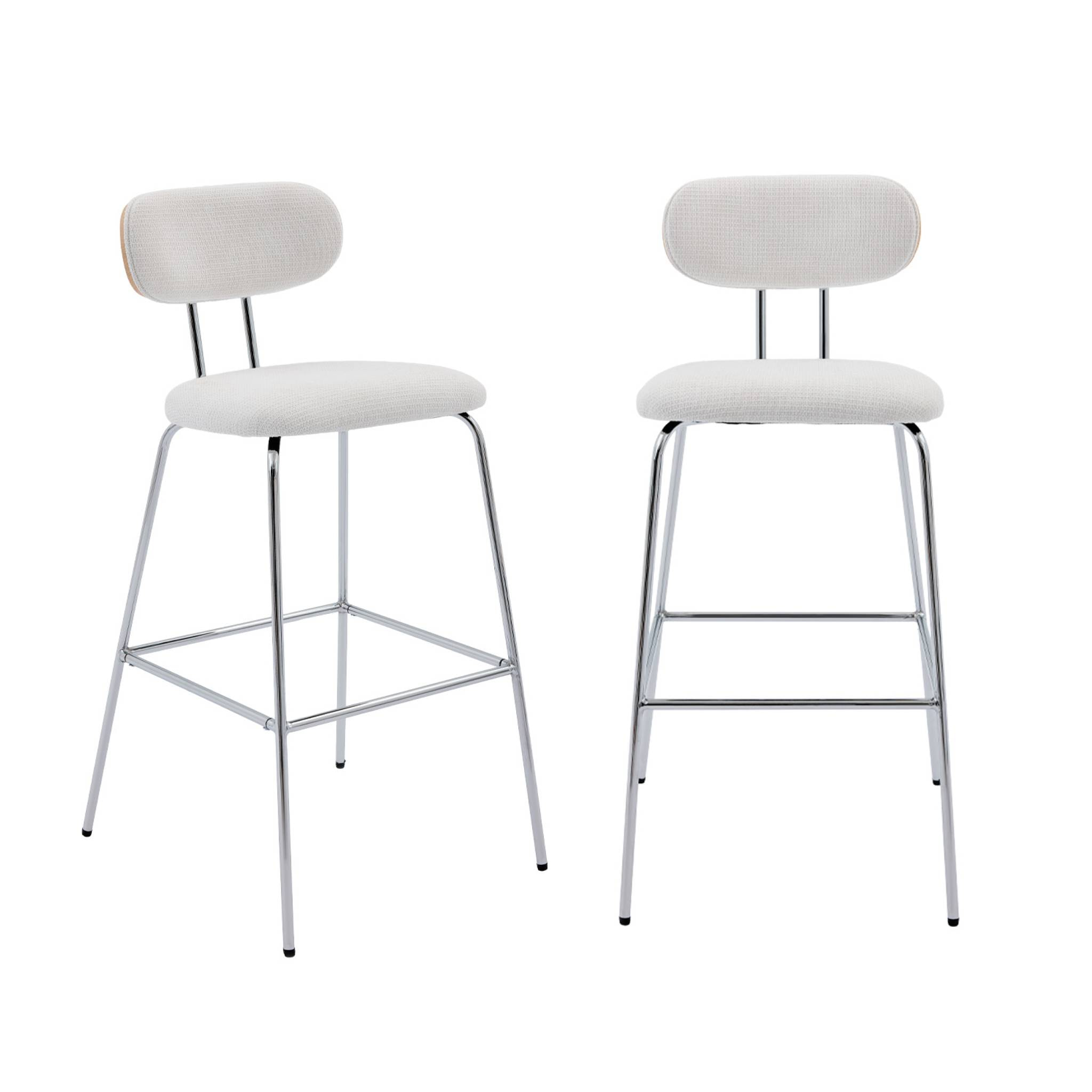 2 tabourets de bar décor bois courbé teinté chêne et tissu déperlant blanc. pieds métal chromé (lot de 2) - L 44 x P 51 x H 103cm - Erin