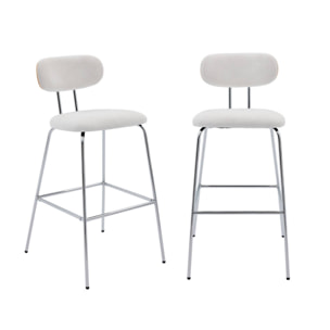 2 tabourets de bar décor bois courbé teinté chêne et tissu déperlant blanc. pieds métal chromé (lot de 2) - L 44 x P 51 x H 103cm - Erin