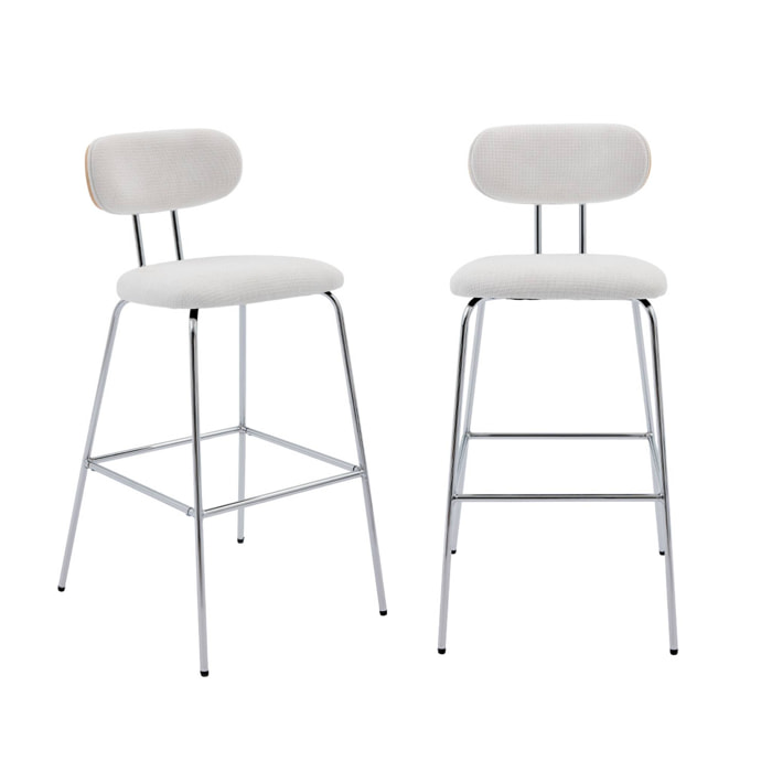 2 tabourets de bar décor bois courbé teinté chêne et tissu déperlant blanc. pieds métal chromé (lot de 2) - L 44 x P 51 x H 103cm - Erin