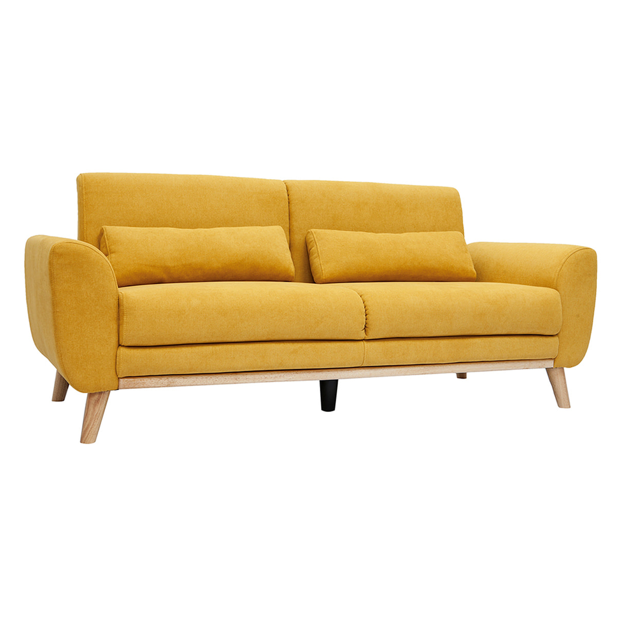 Canapé scandinave 3 places en tissu effet velours jaune moutarde et bois clair EKTOR