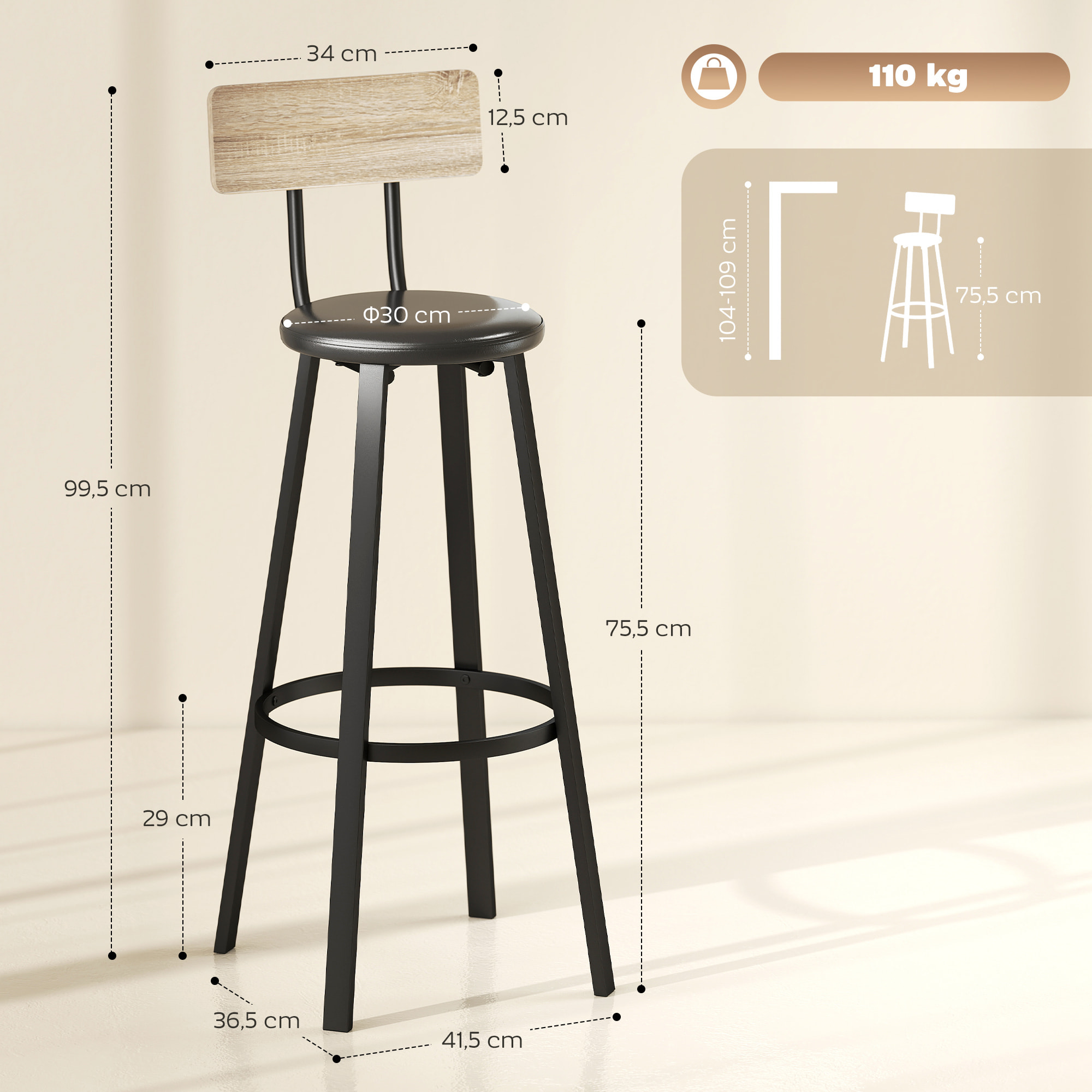 Juego de 2 Taburetes de Bar, Taburetes Altos de Cocina con Respaldo y Reposapiés, Tapizados de PU, Asiento de 75,5 cm de Altura, Fácil Montaje, Estilo Industrial, Natural y Negro