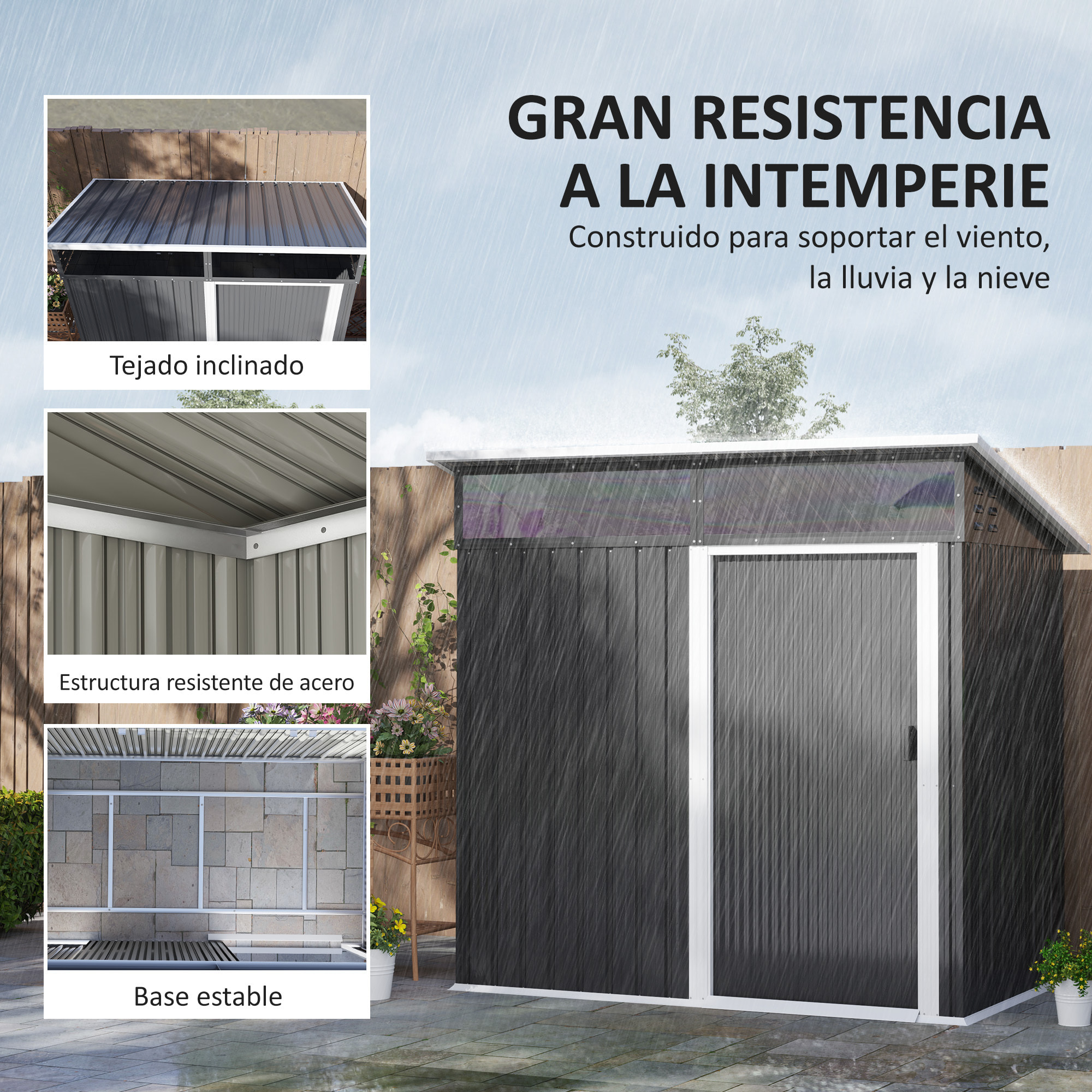 Caseta de Jardín Exterior 1,9m² 195x122x182 cm Cobertizo de Jardín Exterior con Base Refuerzo (Suelo NO Incluido) Puerta Corredera Ventanas Cobertizo para Terraza Patio Gris Oscuro