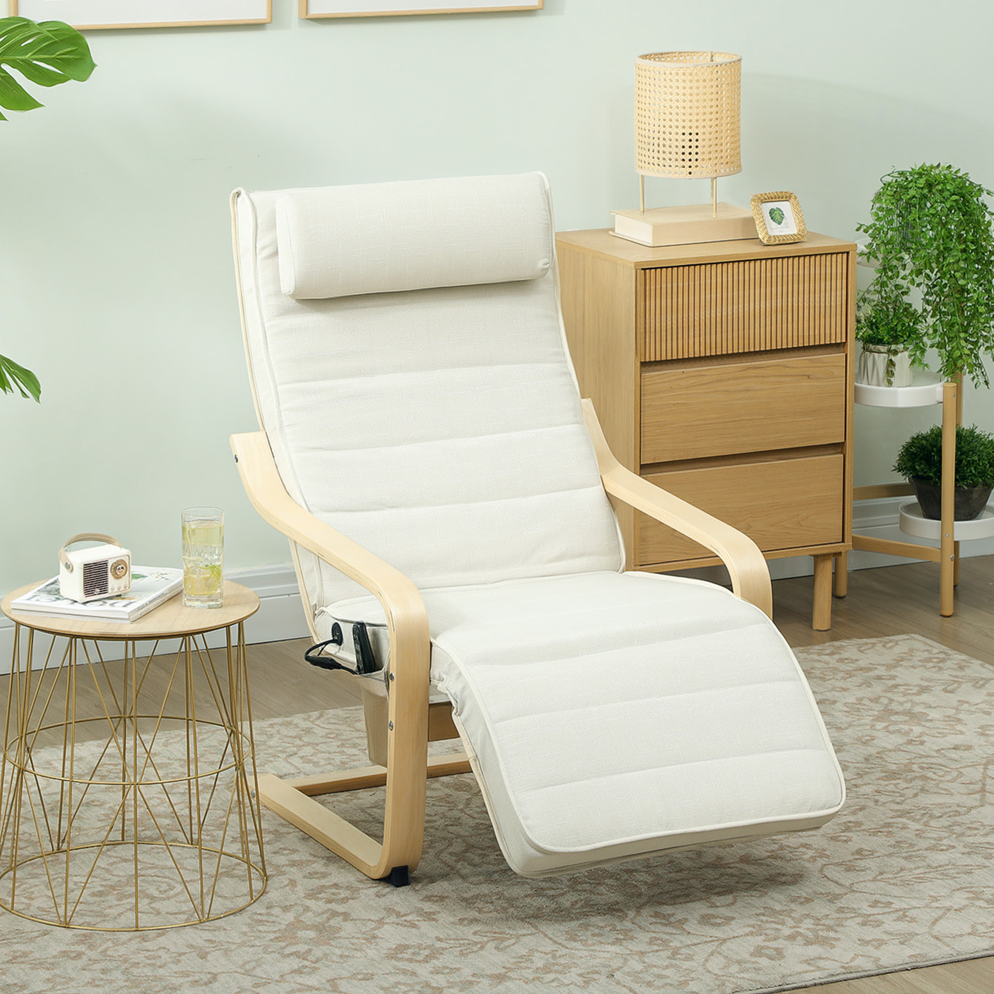 Fauteuil de relaxation massant chauffant style nordique repose-pieds ajustable bois crème