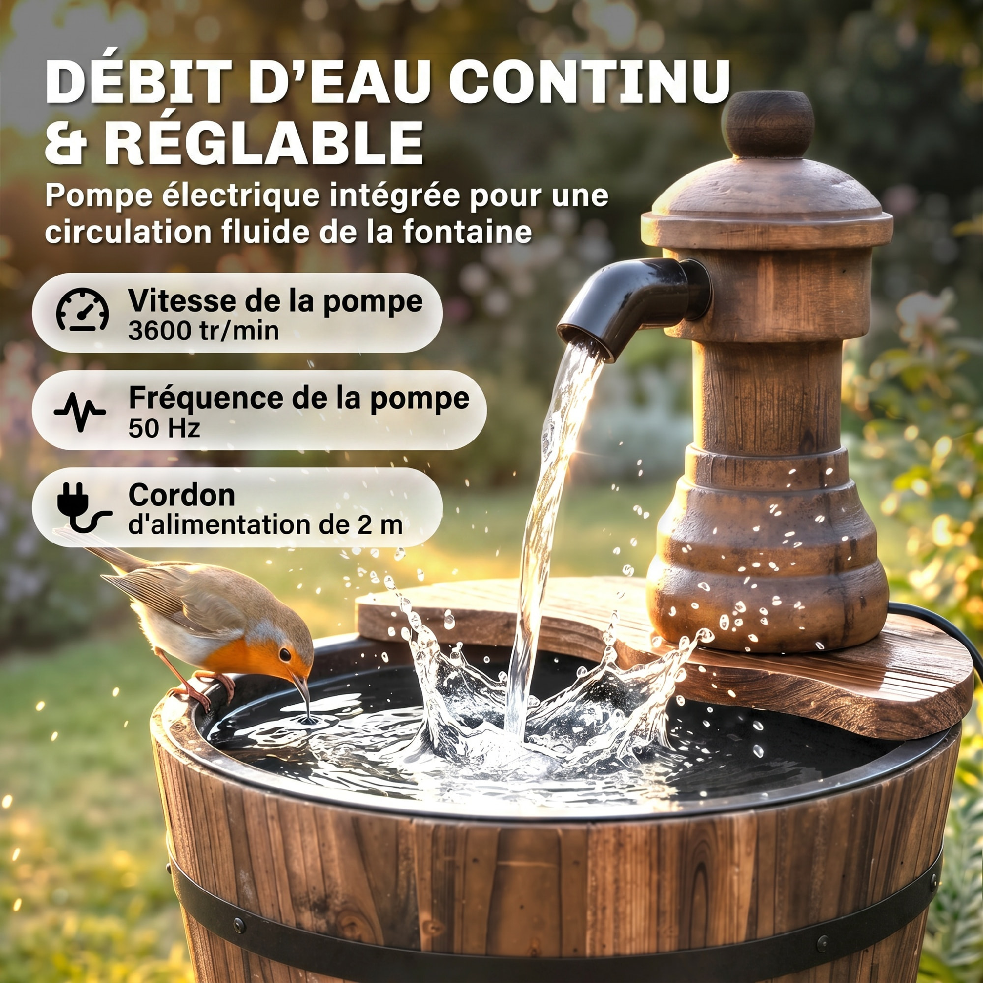 Fontaine de jardin tonneau pompe à eau submersible incluse Ø 27 x 37H cm bois de pin marron