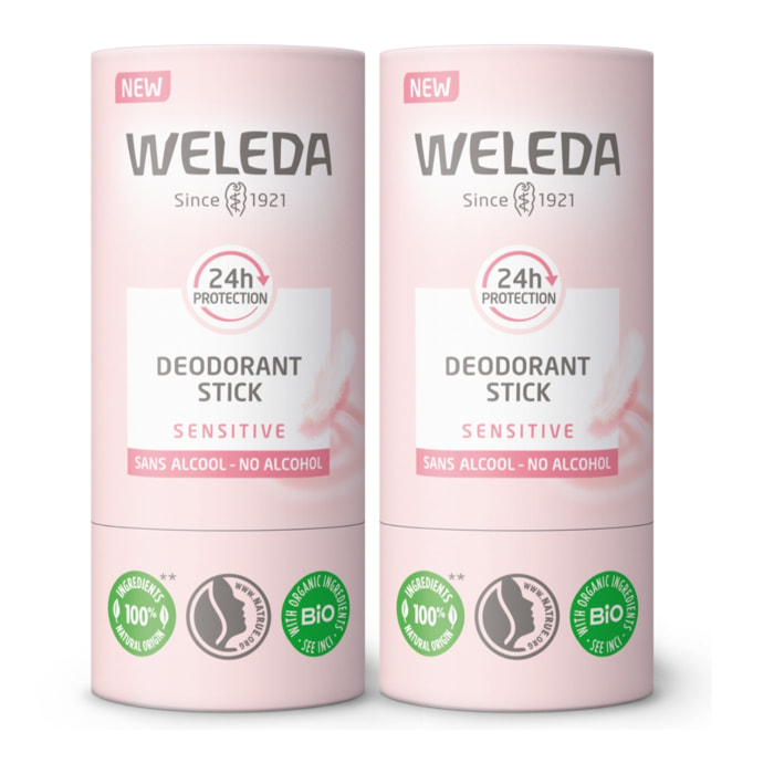 WELEDA - Duo Deodorant stick Sensitive - Efficacité 24H - Vegan* - Certifié Natrue** - Stick 2x50 g