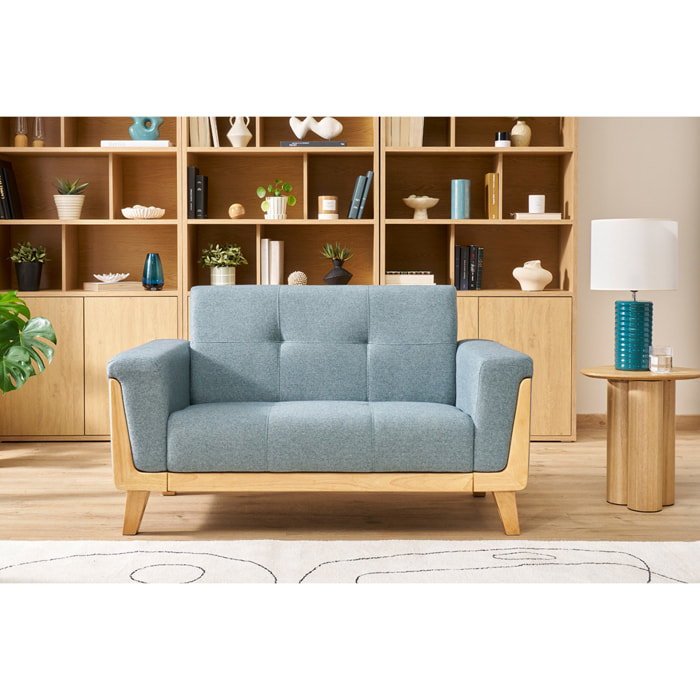 Canapé scandinave 2 places en tissu effet velours vert kaki et bois clair FJORD
