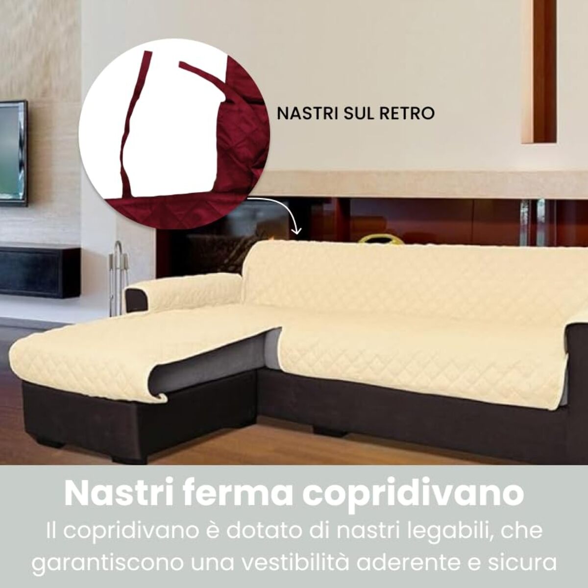 INTRECCI Copridivano 4 Posti con Penisola, Copridivano con Braccioli, Penisola Destra e Sinistra, Telo Copridivano Angolare, Impermeabile, Protegge da Macchie, Facile da Lavare. Colore: Panna
