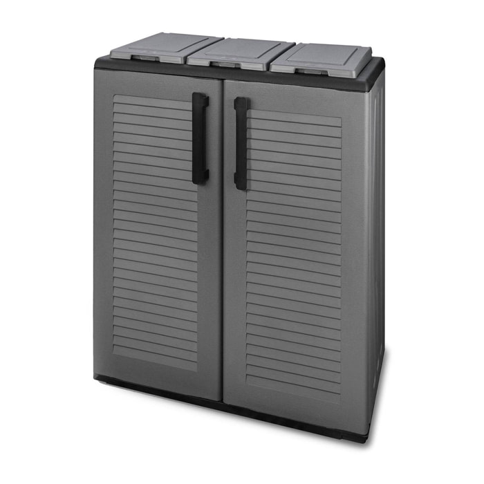 Pattumiera Artan, Cestino portarifiuti, Bidone per raccolta differenziata 2 ante, 100% Made in Italy, 68x37h84 cm, Grigio e Nero, Finitura righe