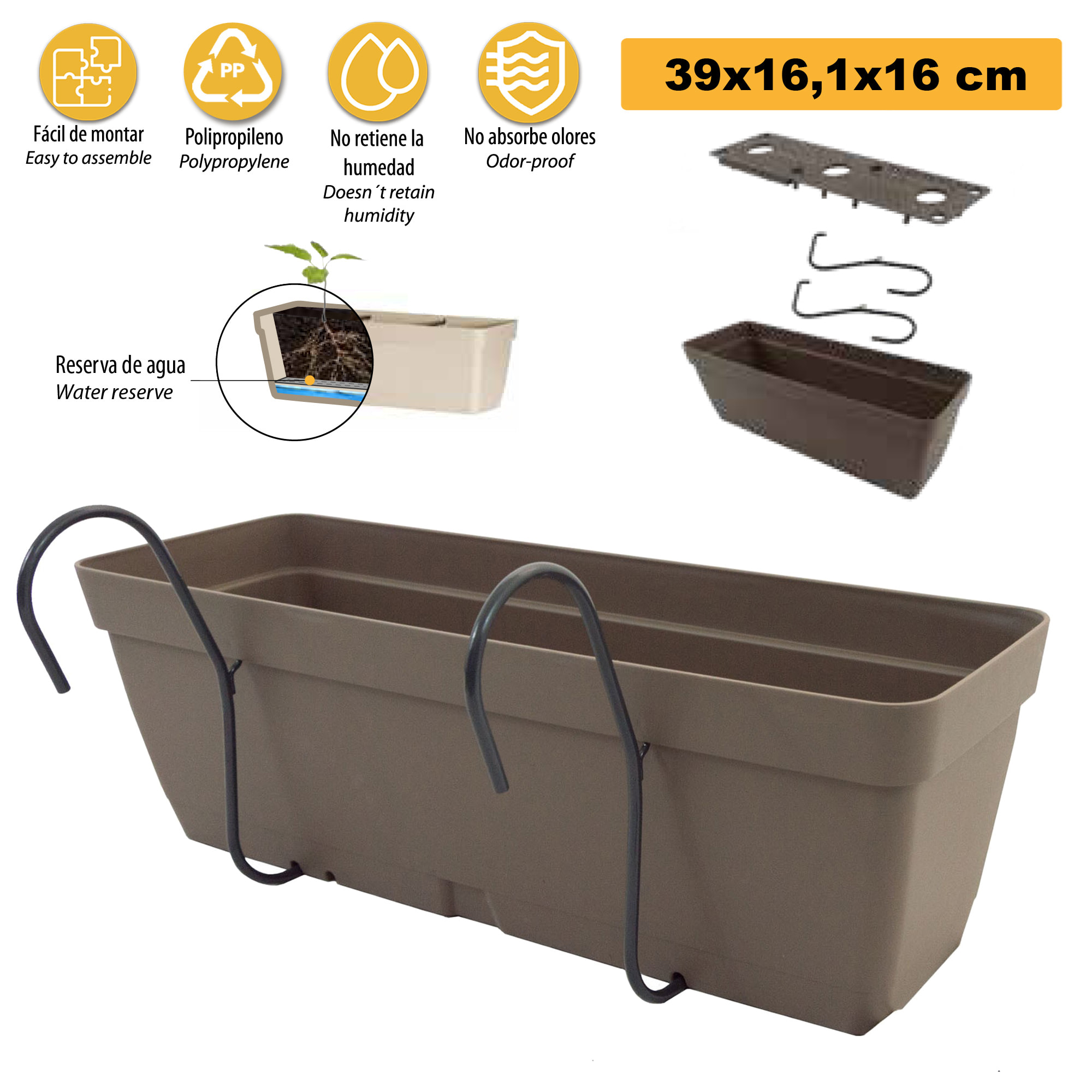 Jardinera 40 cm con soporte de fijación curvo