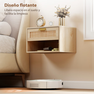Juego de 2 Mesitas de Noche Flotantes, Mesillas de Noche Dormitorio con Cajón de Ratán, Estante Abierto, Ahorra Espacio, Diseño Nórdico, para Sala de Estar, 40x30x25 cm, Roble