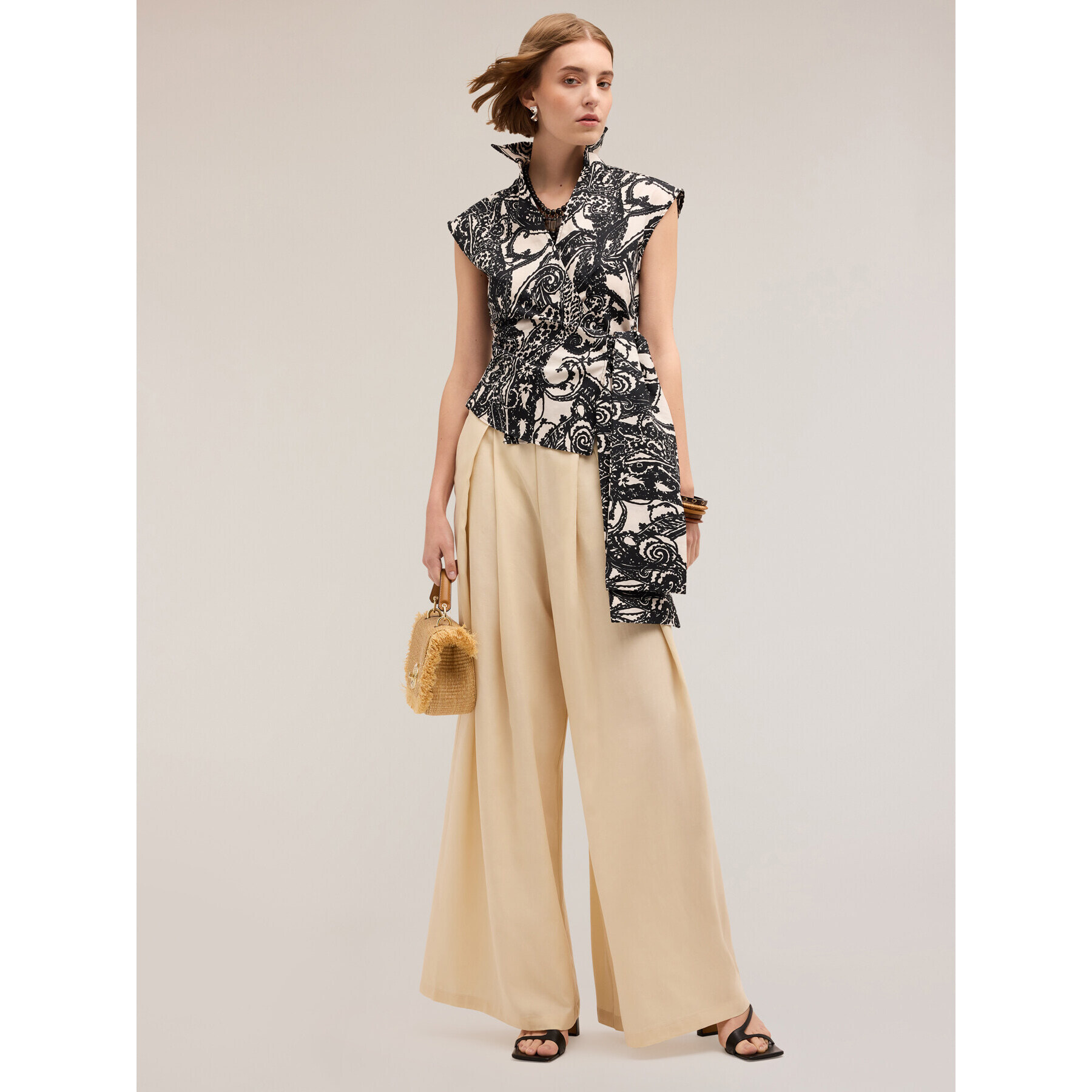Motivi - Pantalones con pliegues de fuelle mezcla de lino - Beige