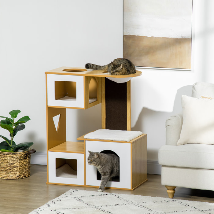 Árbol Rascador para Gatos Altura 92,5 cm Torre para Gatos con 3 Casetas de Madera Cojines Lavables Tabla de Rascador y Hamaca 76x37x92,5 cm Roble