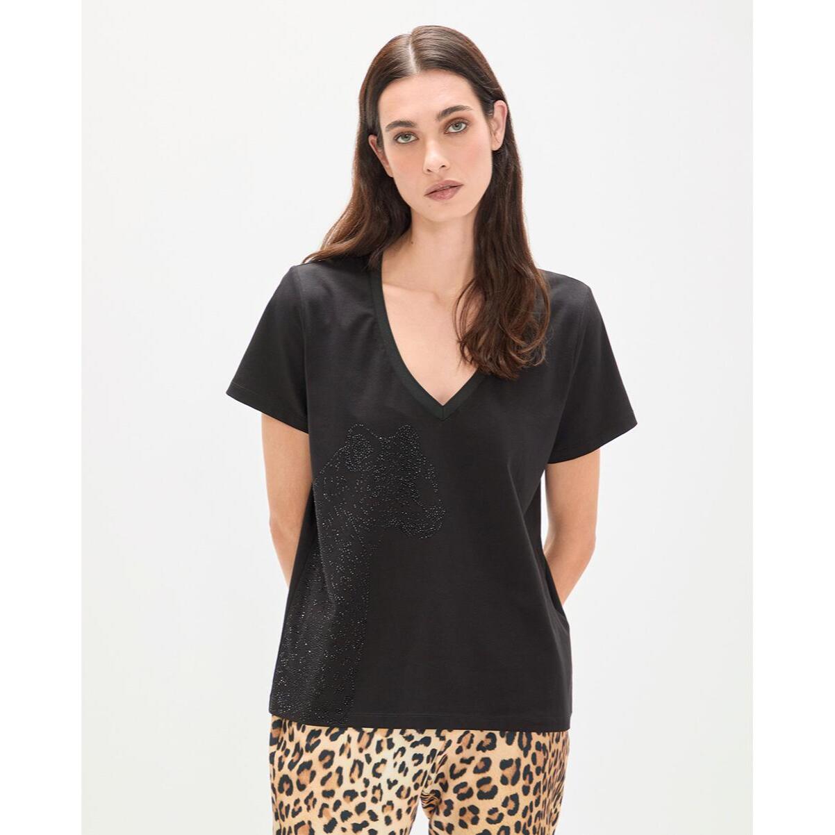 T-shirt con scollo a V con stampa animalier e strass