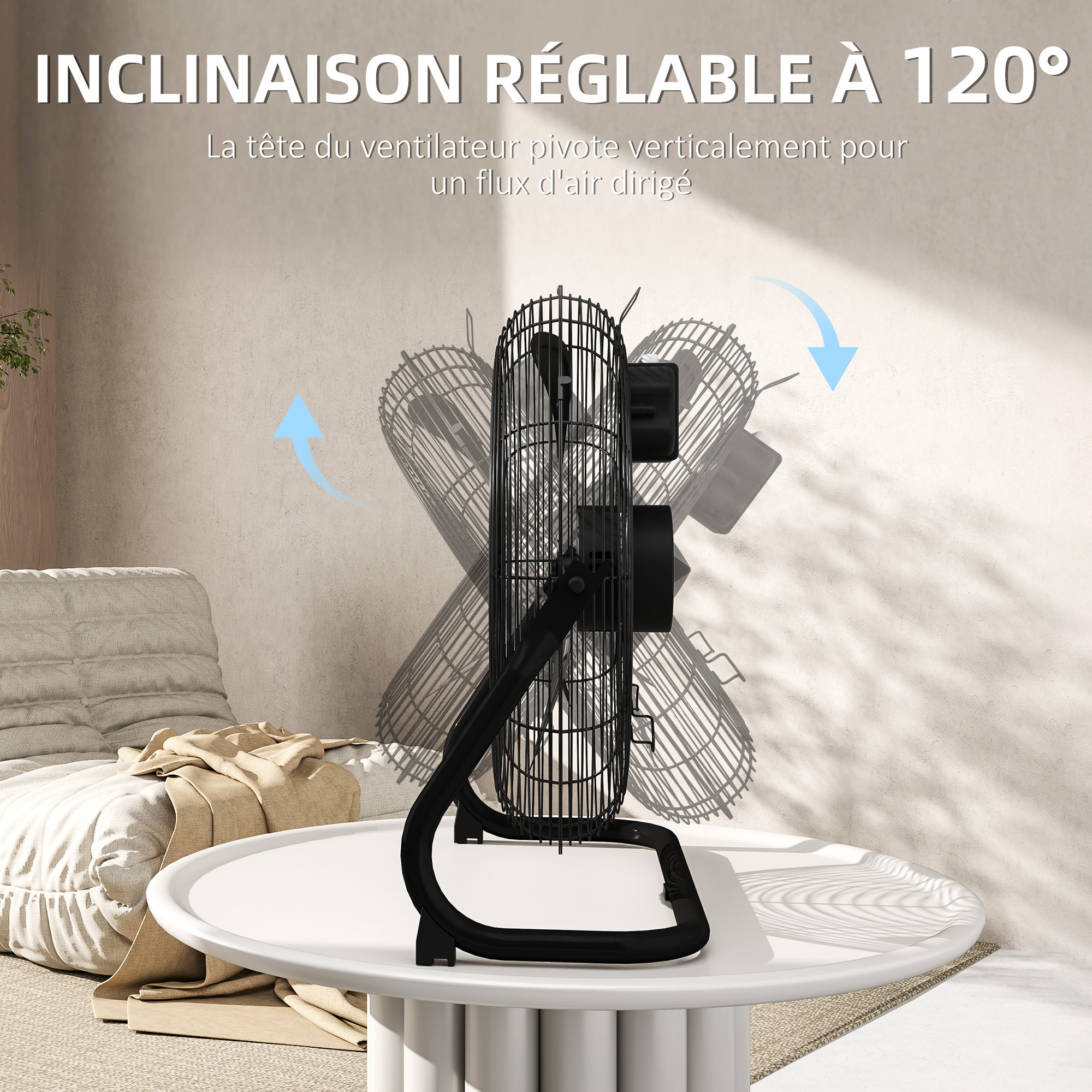Ventilateur de table bureau design portable inclinaison réglable 3 vitesses métal noir