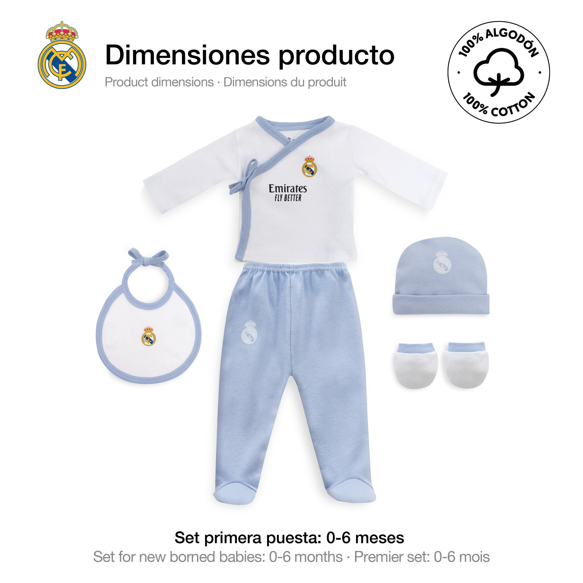 Set Regalo 5 Pcs 100% Alg  T 0-6 m Mod Real Madrid Azul