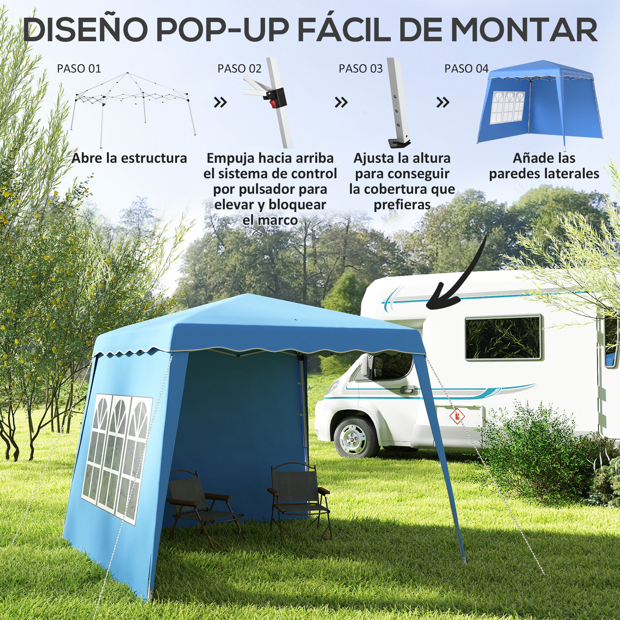 Carpa Plegable Pop-up 3x3 m Cenador Pabellón de Jardín con 2 Paredes Laterales Altura Ajustable y Bolsa de Transporte Protección UV50+ Impermeable Gazebo para Camping Fiestas Exterior Azul