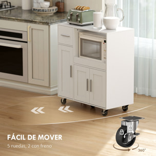 Mueble Auxiliar de Cocina con Ruedas, Aparador de Cocina para Microondas con Bandeja Deslizante, Cajón, 3 Puertas, Estante Ajustable y Orificio para Cables, para Salón, 80x40x88,7 cm, Blanco