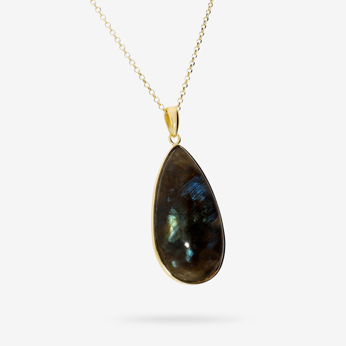 Collana Maglia Brillantina in Argento 925 placcato Oro giallo 18Kt con Pendente a Goccia in Labradorite Estraibile
