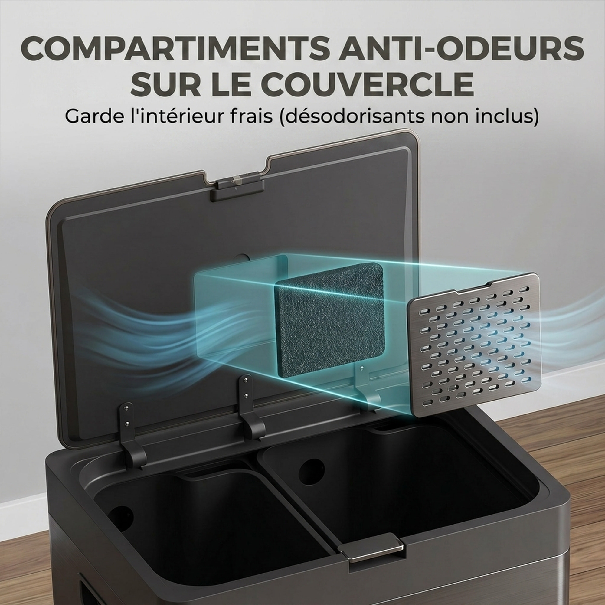 Poubelle de cuisine 2 x 18L + 20L - poubelle à pédale 3 compartiments seaux amovibles filtre anti-odeur - acier inox. noir