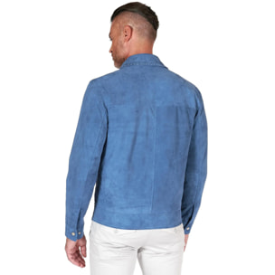 Giacca in camoscio denim blu con colletto camicia impunturato a mano