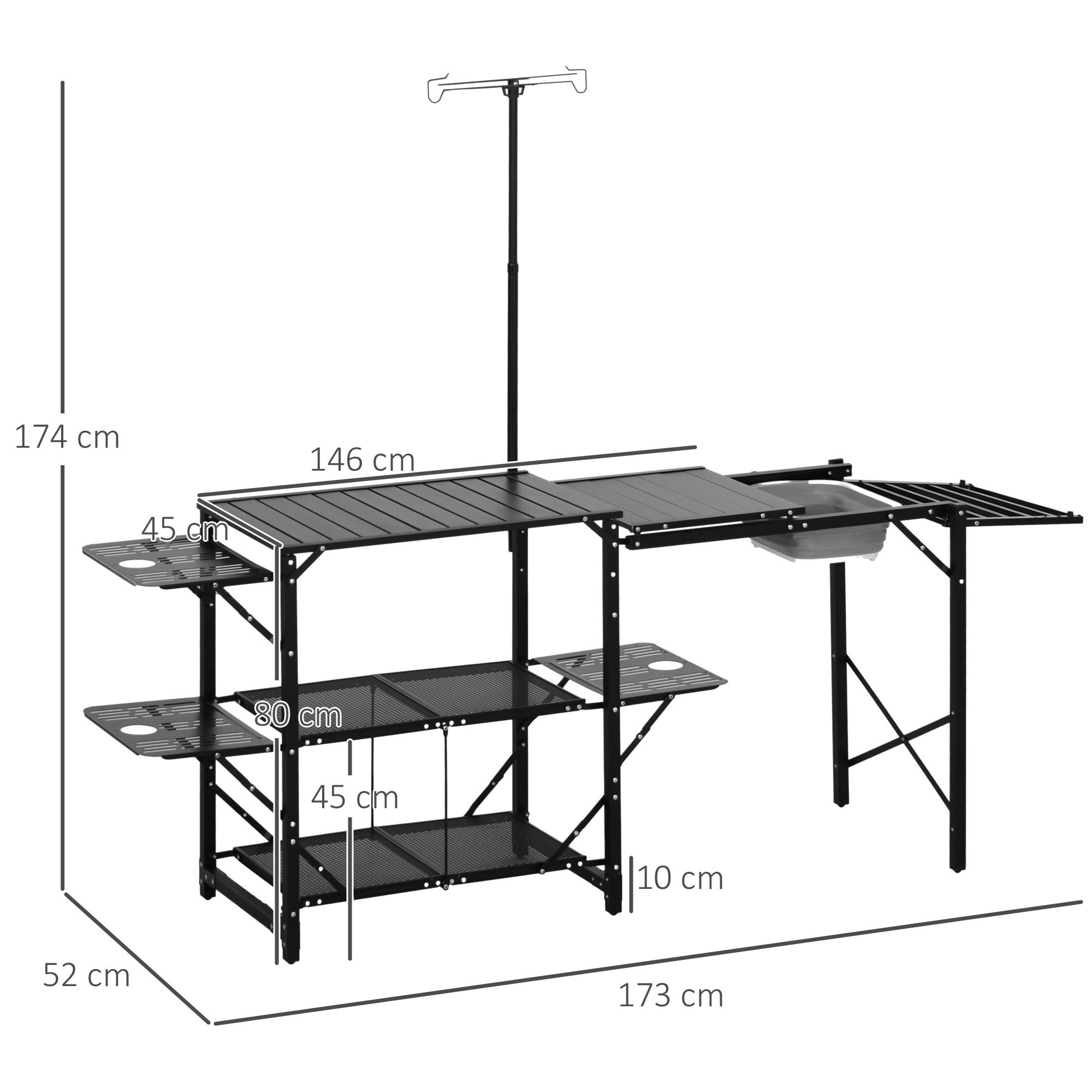 Mesa de Cocina de Camping de 3 Niveles Mesa de Camping Plegable Portátil con Estantes de Almacenaje Fregadero Soporte para Lámpara y Bolsa de Transporte para Exterior 173x52x80-174 cm Negro