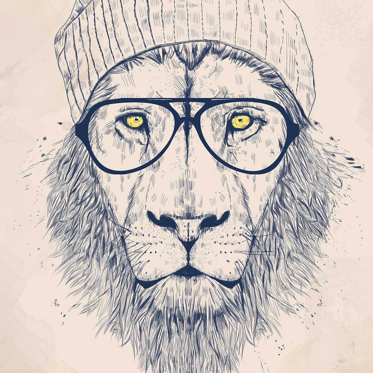 Affiche enfant lion  Affiche + cadre en bois - Chêne