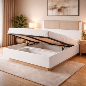 Testiera Imbottita Con Contenitore Letto Matrimoniale Mobile Camera Da Letto Struttura Moderna Zona Notte 165 x 104.5 x 210 Cm Bianco E Rovere