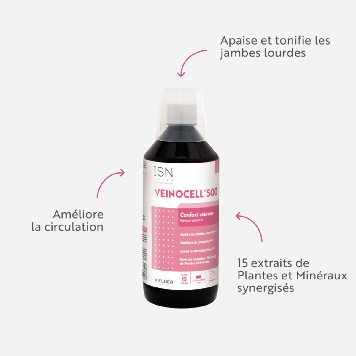 ISN - Veinocell® 500 - Complément alimentaire à base de plantes, minéraux - Vigne Rouge, Hamamélis, Mélilot - Confort circulatoire - Limite la rétention d'eau - Flacon 500ml