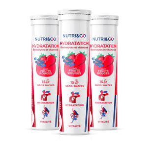 Nutri&Co Électrolytes Hydratation - 5 Minéraux 4 Vitamines - Goût Fruits Rouges - Lot de 3 tubes - 45 comprimés