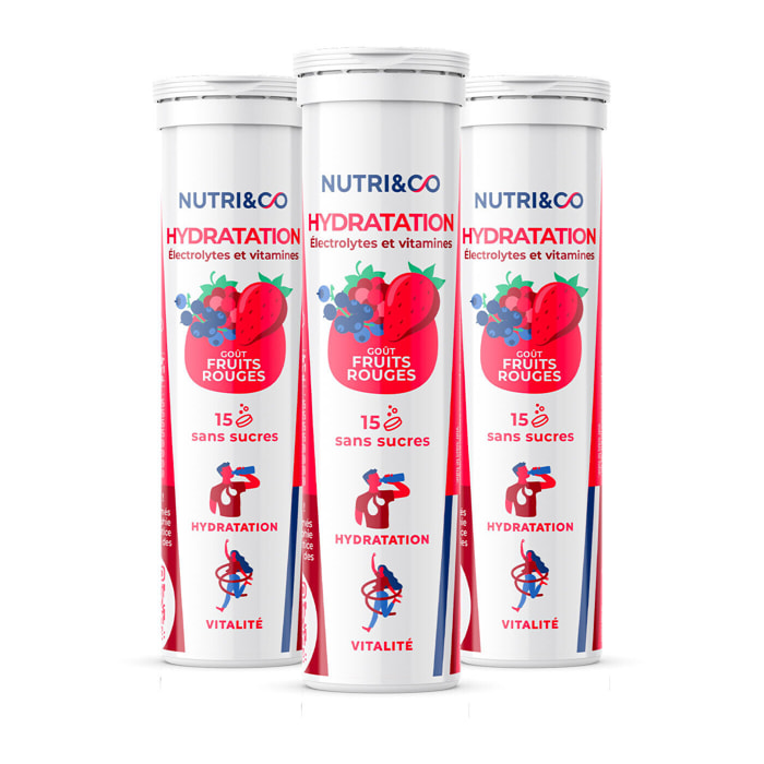 Nutri&Co Électrolytes Hydratation - 5 Minéraux 4 Vitamines - Goût Fruits Rouges - Lot de 3 tubes - 45 comprimés