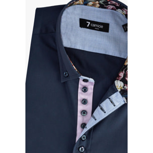 Camicia Uomo 1 Bottoni Button Down Slim Popeline Stretch Unito Blu