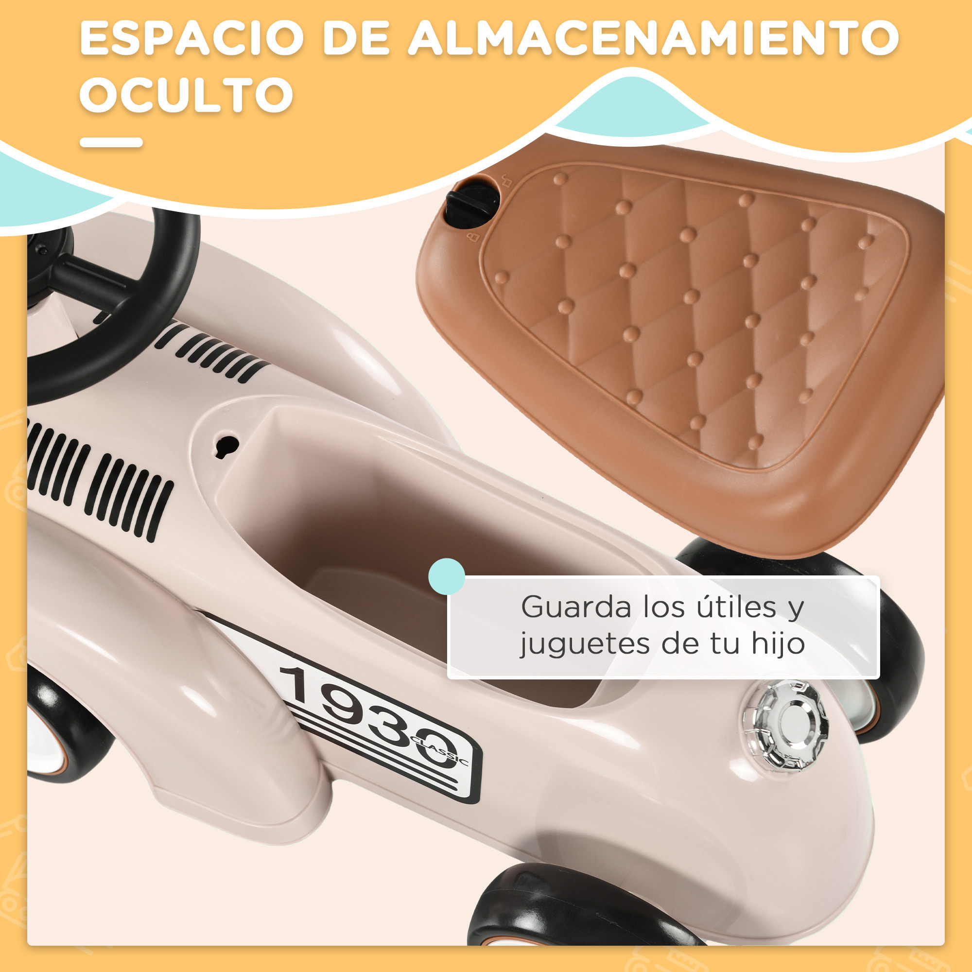 Correpasillos para Bebés de 12 a 36 Meses Coche sin Pedales con Bocina Compartimento de Almacenaje y Volante para Interior y Exterior 58x27x35 cm Crema