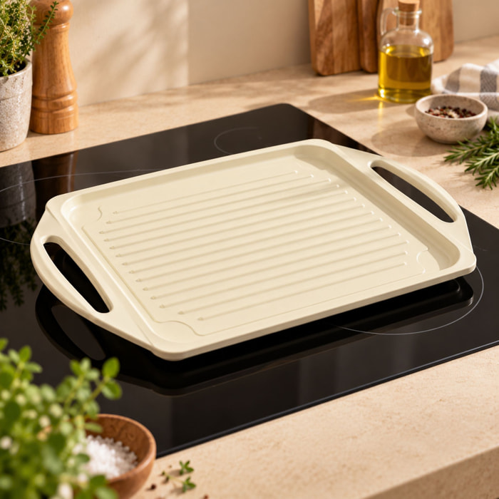 Plaque cuisson 44x27cm en fonte aluminium crème induction avec grille