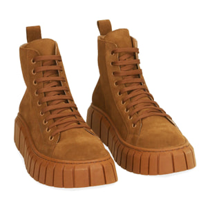 Sneakers cognac in camoscio, platform 4 cm