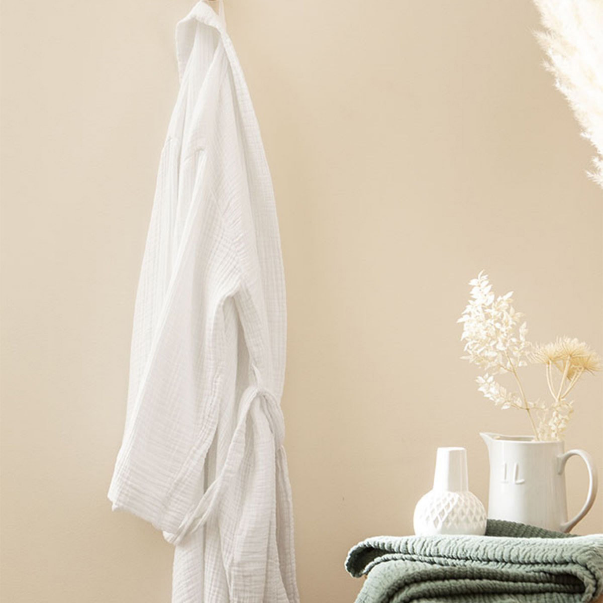 Peignoir uni en gaze de coton, BONHEUR, Blanc