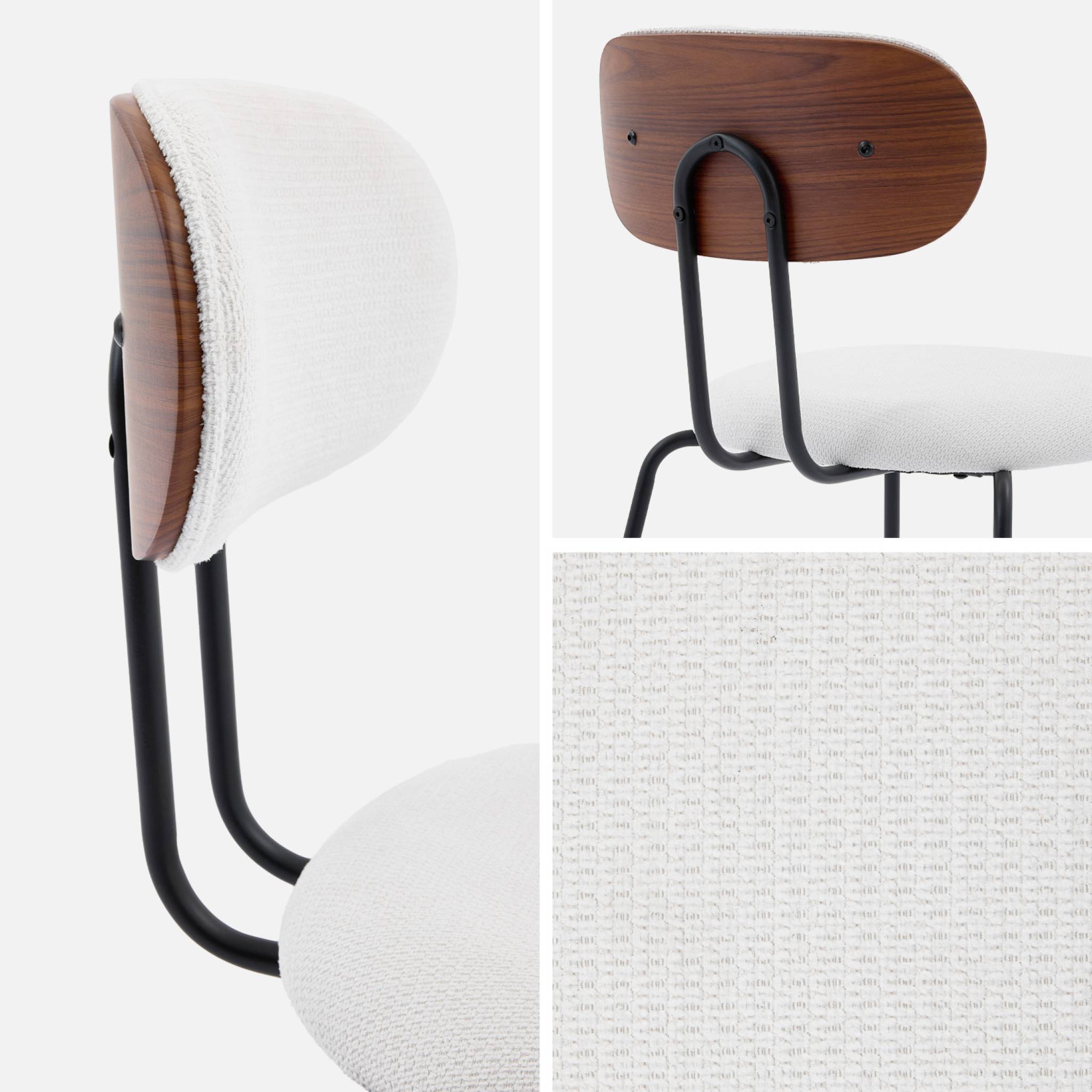 2 chaises décor bois courbé teinté noyer et tissu déperlant blanc. pieds métal noir mat - L 45 x P 55 x H 80cm - Erin