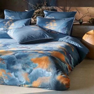 Taie d'oreiller satin de coton imprimé bleu or Fuji nocturne