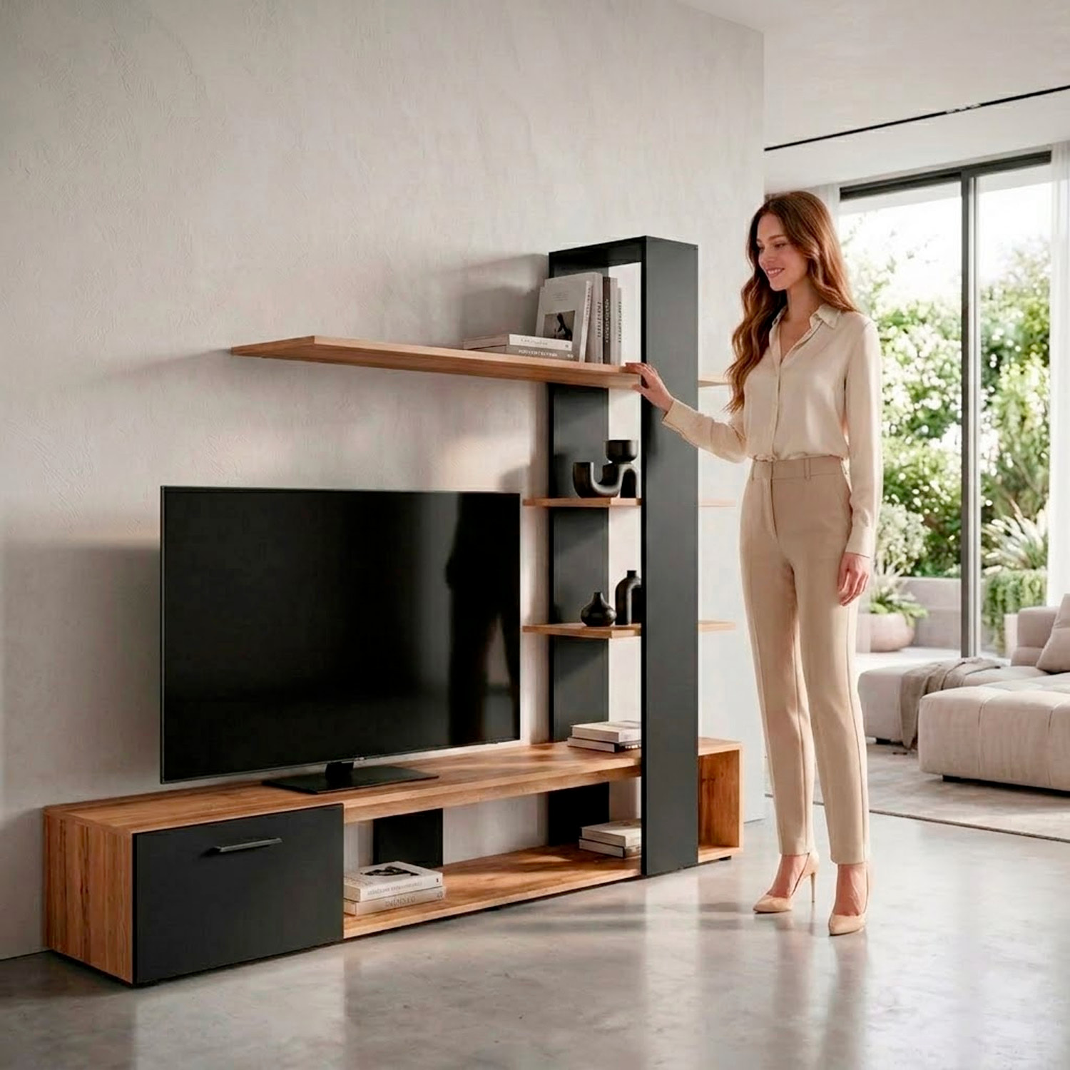 Parete Attrezzata Soggiorno Mobile Tv Ripiani Mensola Moderno Living Arredo Contemporaneo Contenitore Vani Salvaspazio 190x152x35 Cm Rovere E Nero
