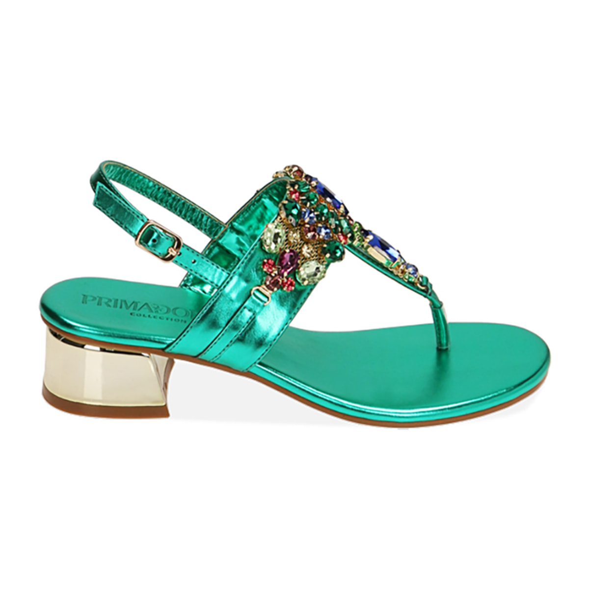 Sandali infradito verde laminato, tacco 3,5 cm