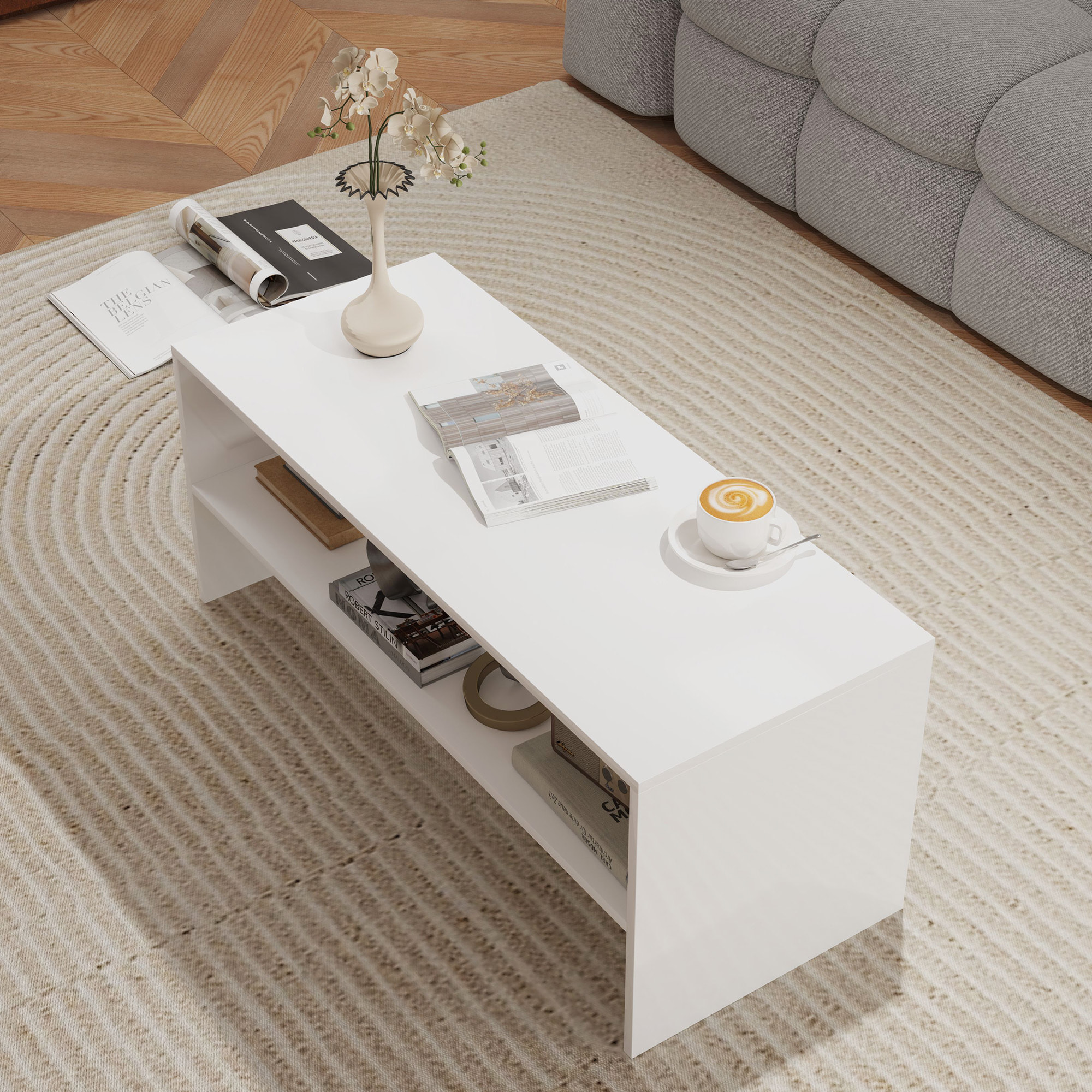 Mesa de Centro Mesa Auxiliar con Compartimento Abierto Mesa de Café para Salón Comedor 100x40x41,5 cm Blanco Brillante