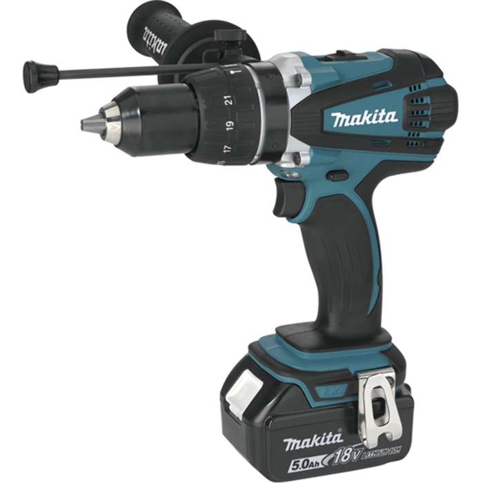 Perceuse visseuse à percussion Ø13mm - MAKITA - avec 2 batteries 18V 5.0 Ah - chargeur - MakPac- DHP458RTJ