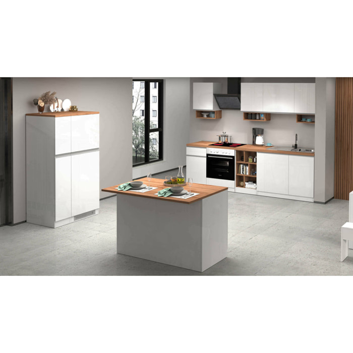Cucina completa Armend, Set con dispensa, Mobile per cucinotto, Kit blocco con isola e portafrigo, 100% Made in Italy, Bianco lucido e Rovere
