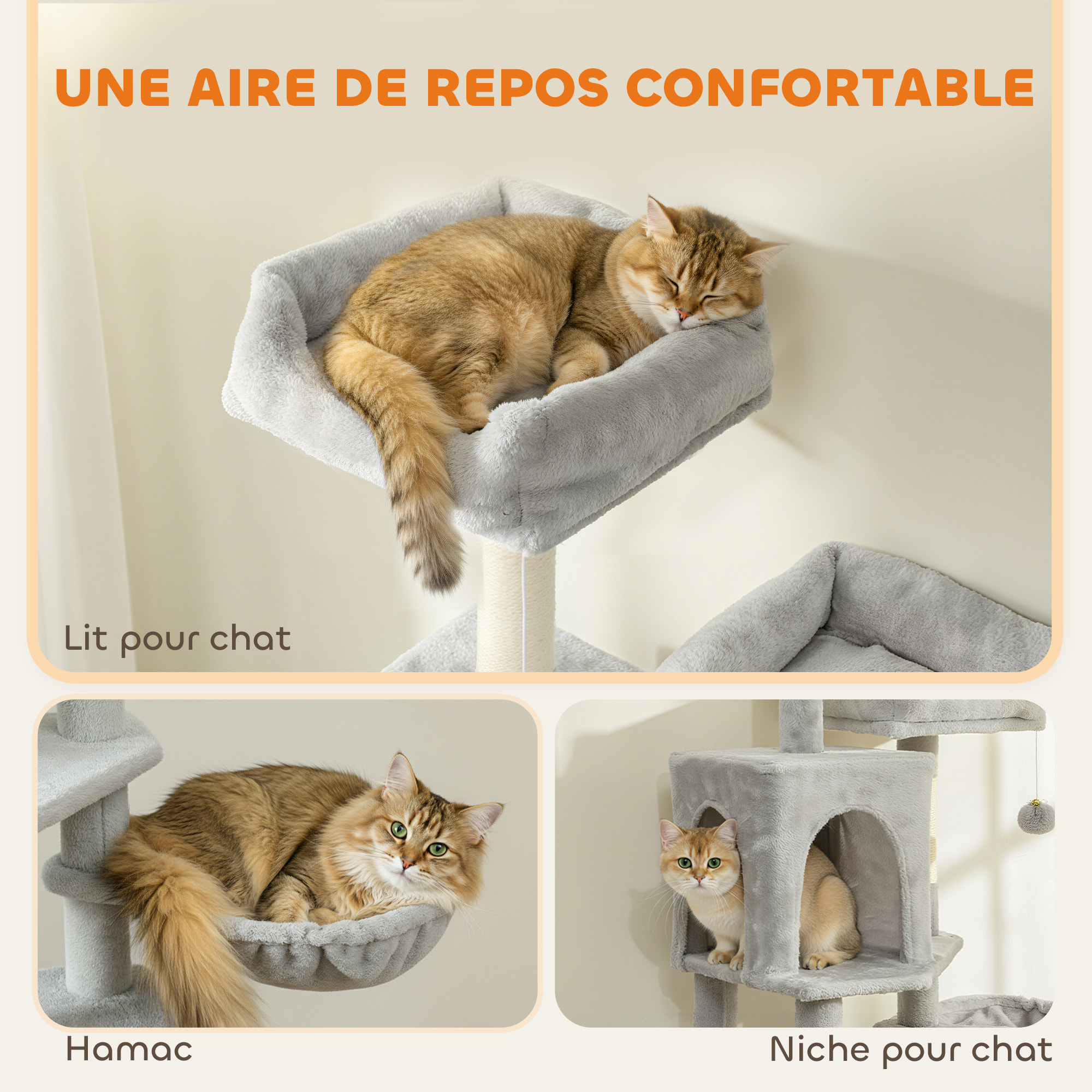 Arbre à chat design grande taille H.177cm équipements jeux multiples sisal naturel peluche gris clair