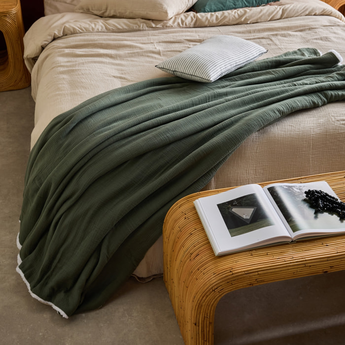 Plaid sherpa et gaze de coton 130 x 170 cm kaki. ALIX. bi-matière